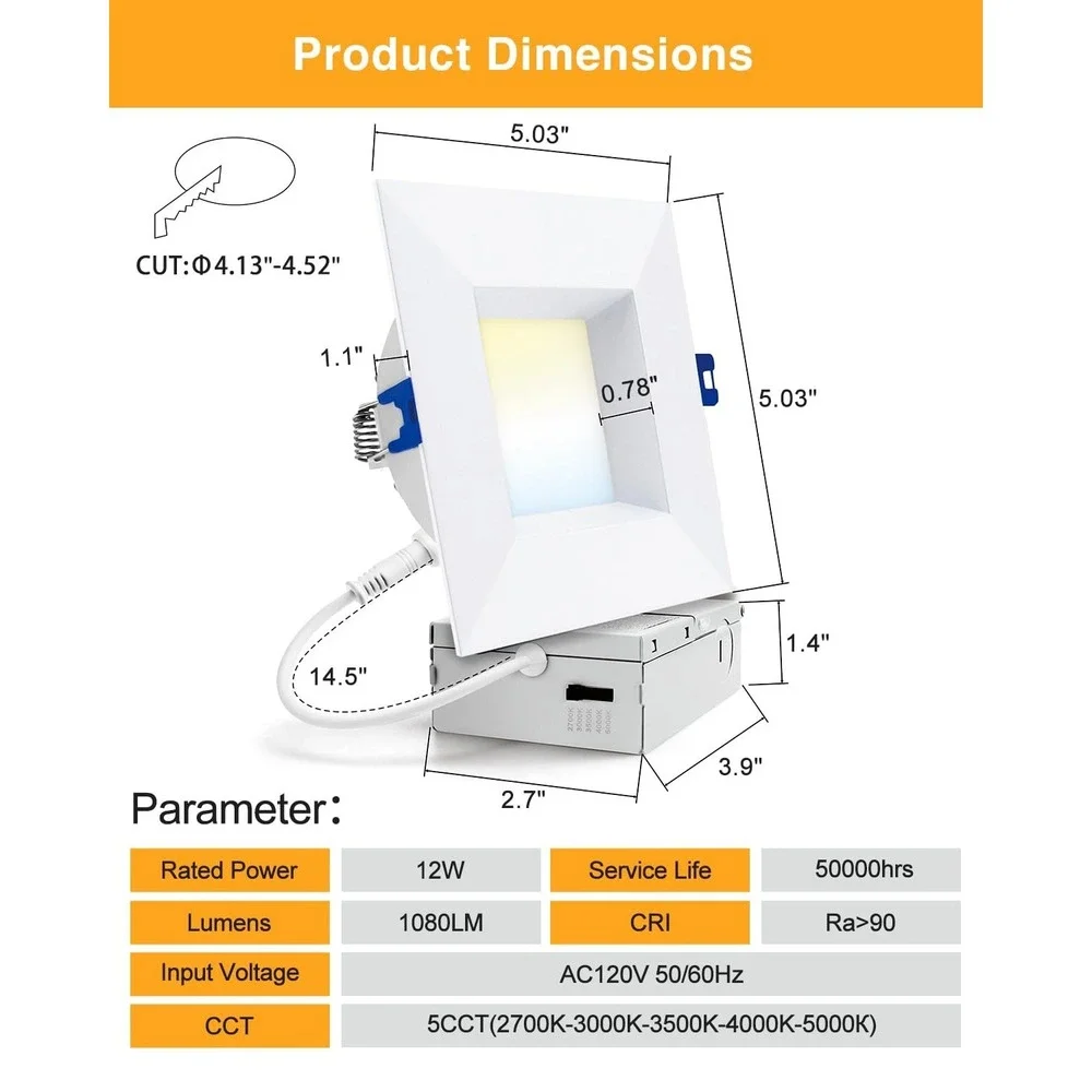 Adetu 4 Inch LED Recessed Downlight 12W 1080LM Dimmable 5CCT White Square 6 Pack